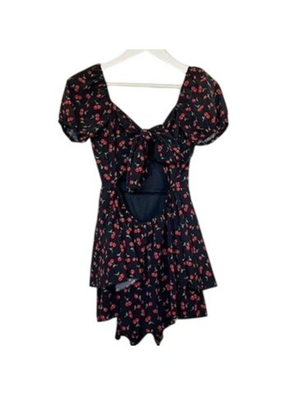 Cherry Print Mini Romper Dress Puff Milkmaid Sleeves Cutout Tie Back Size M Y2K - Picture 4 of 12